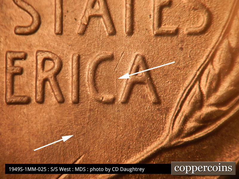 Die-stage B marker on 1949S•1MM•025 (1949 Repunched Mint Mark).