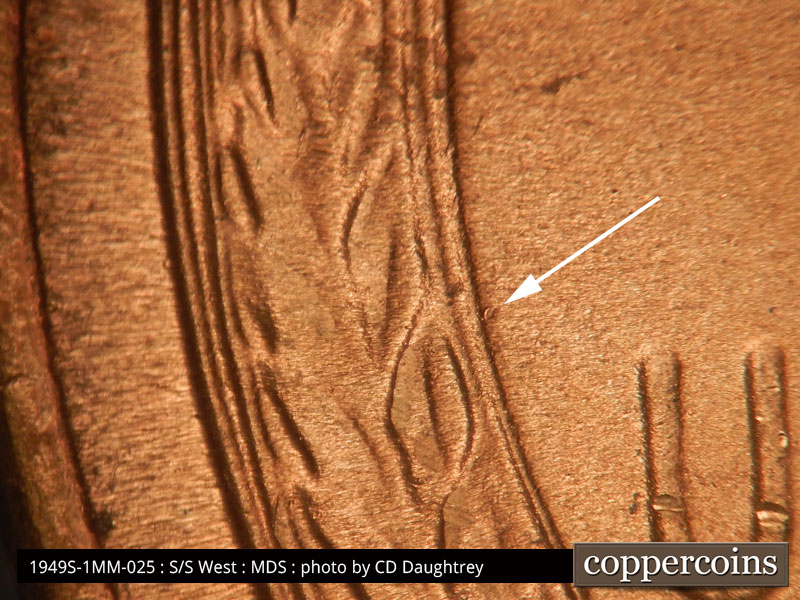 Die-stage B marker on 1949S•1MM•025 (1949 Repunched Mint Mark).