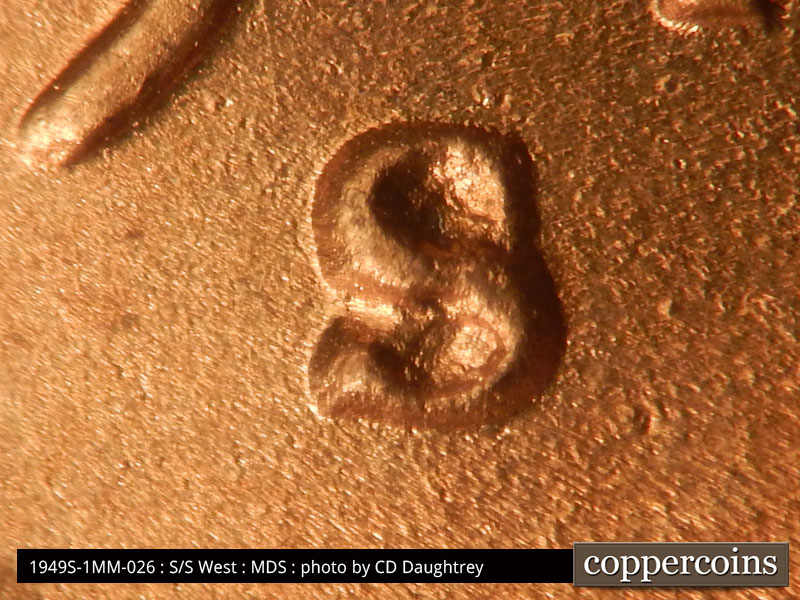 1949 Lincoln cent obverse, CopperCoins die 1949S•1MM•026.
