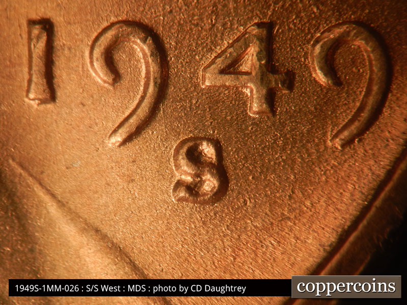 Die-stage B marker on 1949S•1MM•026 (1949 Repunched Mint Mark).