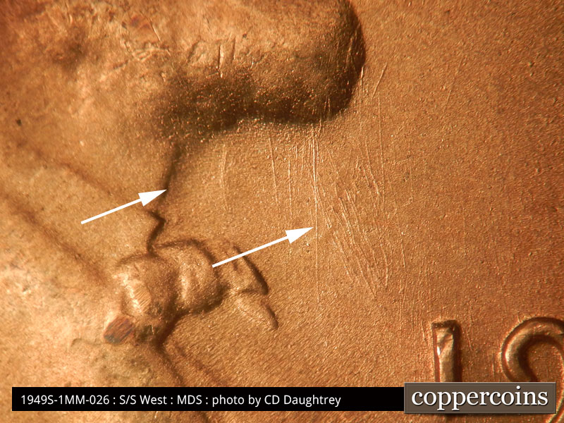 Die-stage B marker on 1949S•1MM•026 (1949 Repunched Mint Mark).