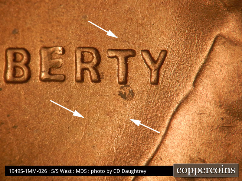Die-stage B marker on 1949S•1MM•026 (1949 Repunched Mint Mark).