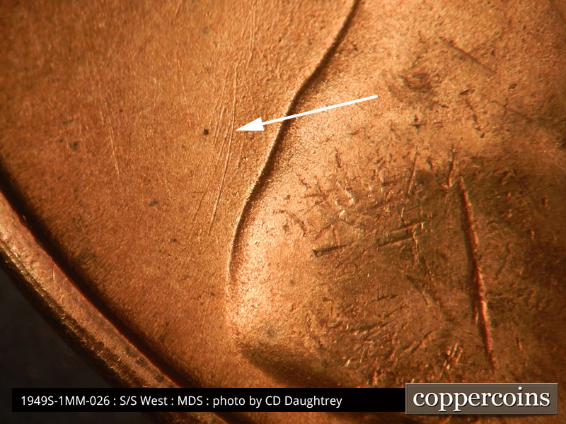 Die-stage B marker on 1949S•1MM•026 (1949 Repunched Mint Mark).