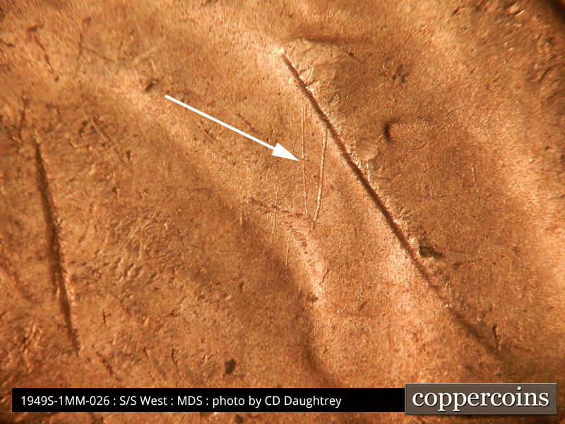 Die-stage B marker on 1949S•1MM•026 (1949 Repunched Mint Mark).