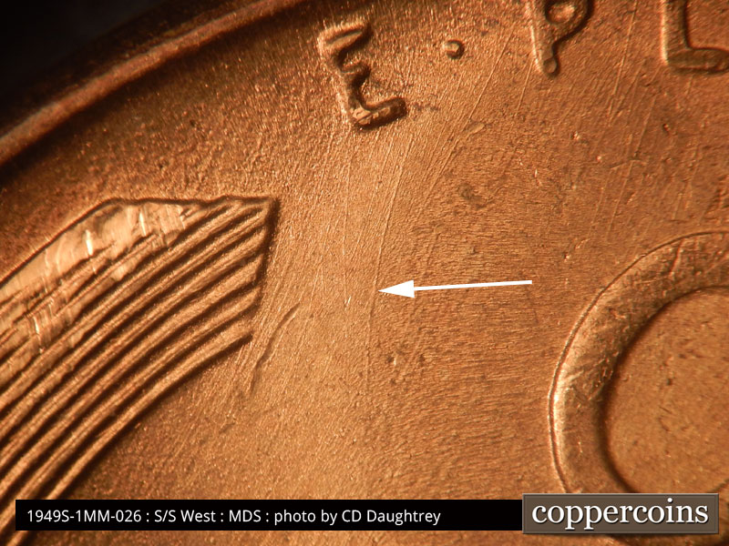 Die-stage B marker on 1949S•1MM•026 (1949 Repunched Mint Mark).