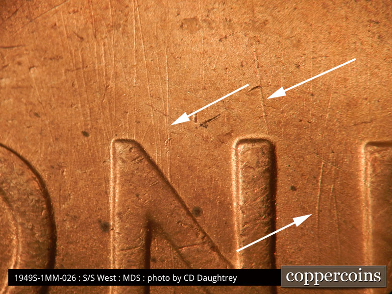 Die-stage B marker on 1949S•1MM•026 (1949 Repunched Mint Mark).