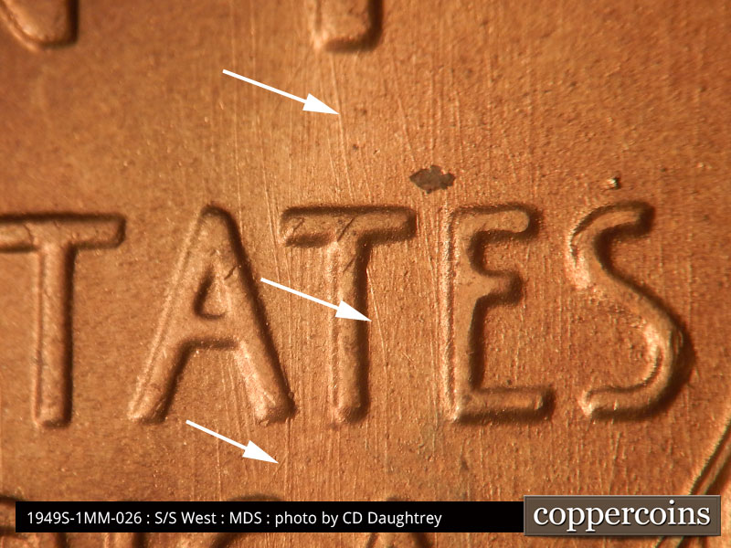 Die-stage B marker on 1949S•1MM•026 (1949 Repunched Mint Mark).