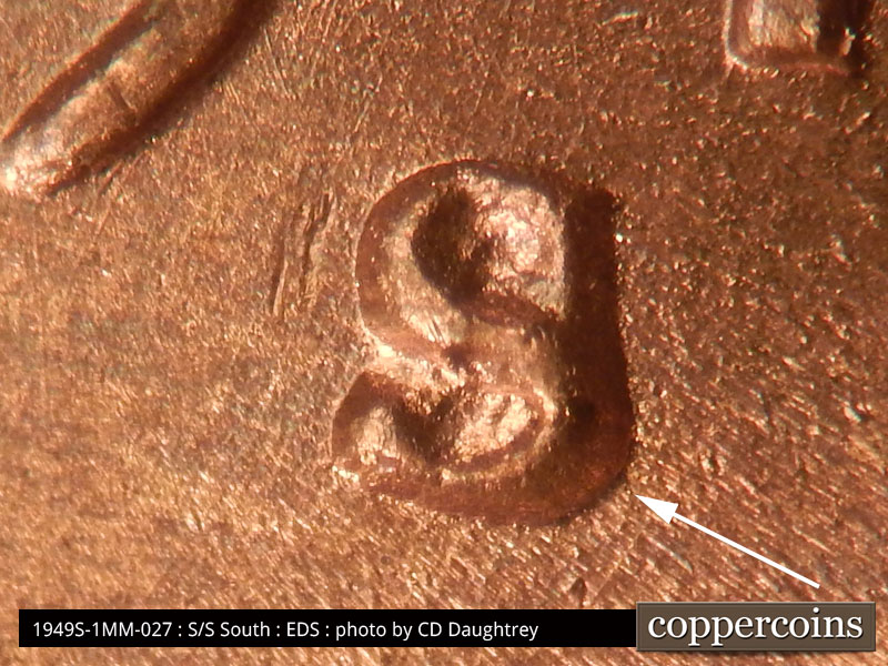 Die-stage A marker on 1949S•1MM•027 (1949 Repunched Mint Mark).