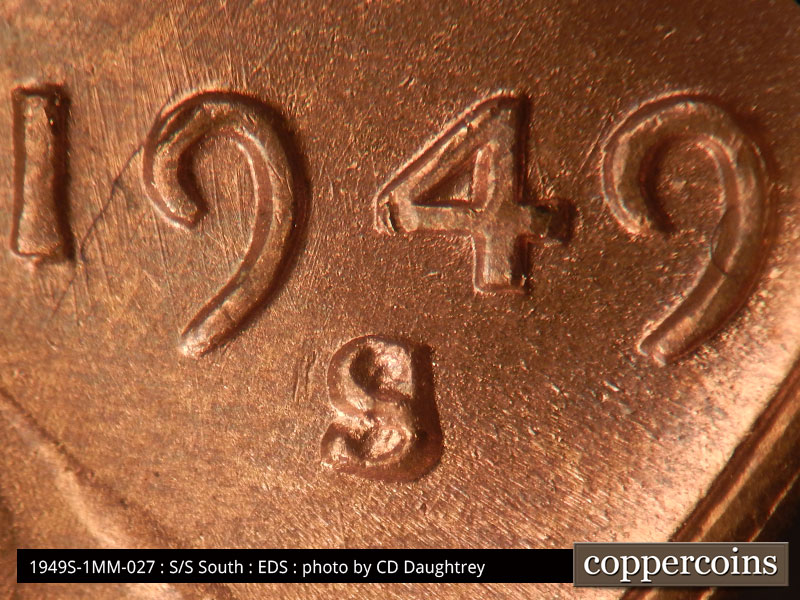 Die-stage A marker on 1949S•1MM•027 (1949 Repunched Mint Mark).