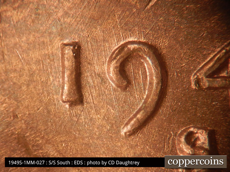 Die-stage A marker on 1949S•1MM•027 (1949 Repunched Mint Mark).