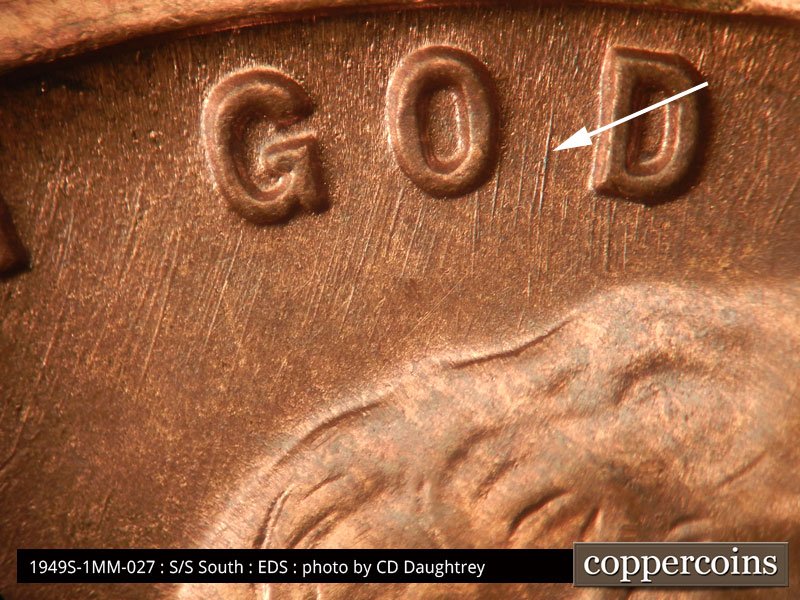 Die-stage A marker on 1949S•1MM•027 (1949 Repunched Mint Mark).
