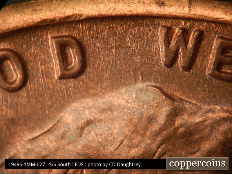 Die-stage A marker on 1949S•1MM•027 (1949 Repunched Mint Mark).