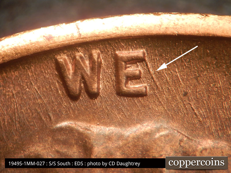 Die-stage A marker on 1949S•1MM•027 (1949 Repunched Mint Mark).