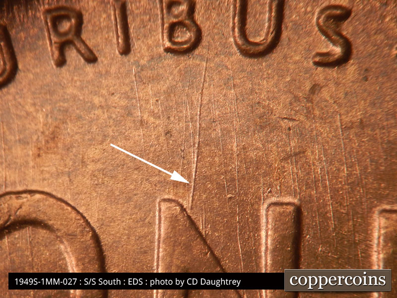 Die-stage A marker on 1949S•1MM•027 (1949 Repunched Mint Mark).