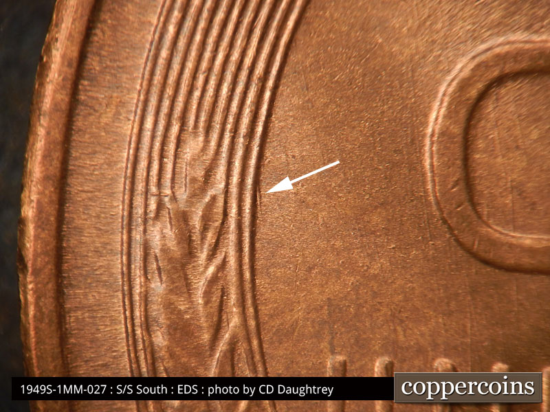 Die-stage A marker on 1949S•1MM•027 (1949 Repunched Mint Mark).