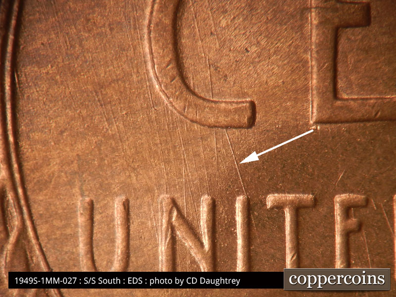 Die-stage A marker on 1949S•1MM•027 (1949 Repunched Mint Mark).