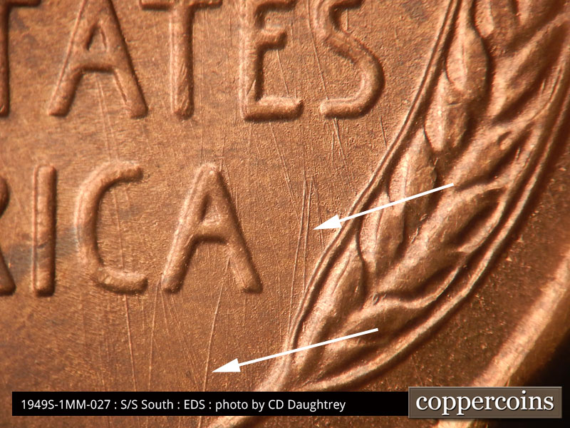 Die-stage A marker on 1949S•1MM•027 (1949 Repunched Mint Mark).