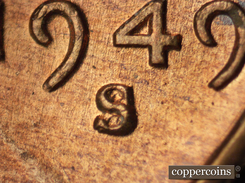 1949 Lincoln cent obverse, CopperCoins die 1949S•1MM•027.