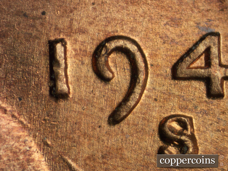 Die-stage B marker on 1949S•1MM•027 (1949 Repunched Mint Mark).