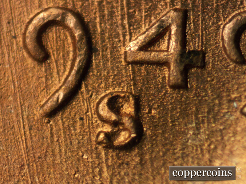 1949 Lincoln cent obverse, CopperCoins die 1949S•1MM•028.