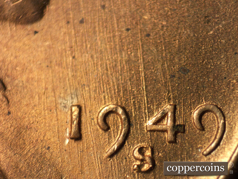 Die-stage B marker on 1949S•1MM•028 (1949 Repunched Mint Mark).