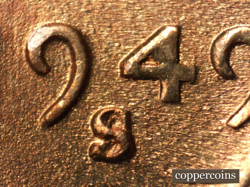 1949 Lincoln cent obverse, CopperCoins die 1949S•1MM•029.