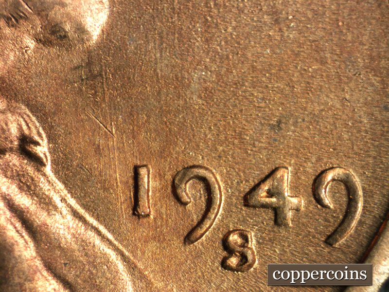 Die-stage B marker on 1949S•1MM•029 (1949 Repunched Mint Mark).