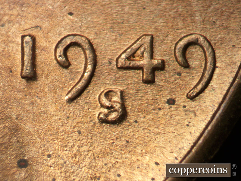 Die-stage C marker on 1949S•1MM•029 (1949 Repunched Mint Mark).