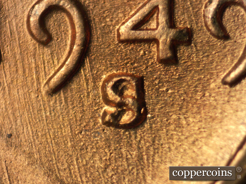 1949 Lincoln cent obverse, CopperCoins die 1949S•1MM•030.