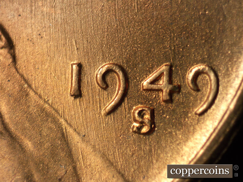 Die-stage B marker on 1949S•1MM•030 (1949 Repunched Mint Mark).