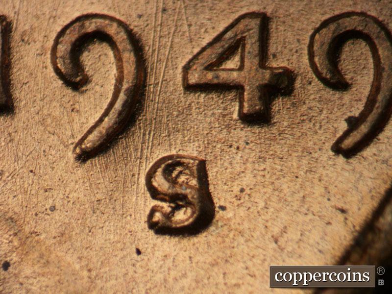 1949 Lincoln cent obverse, CopperCoins die 1949S•1MM•031.