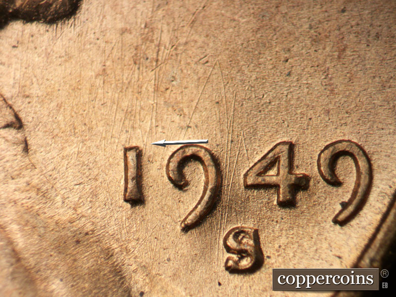 Die-stage B marker on 1949S•1MM•031 (1949 Repunched Mint Mark).