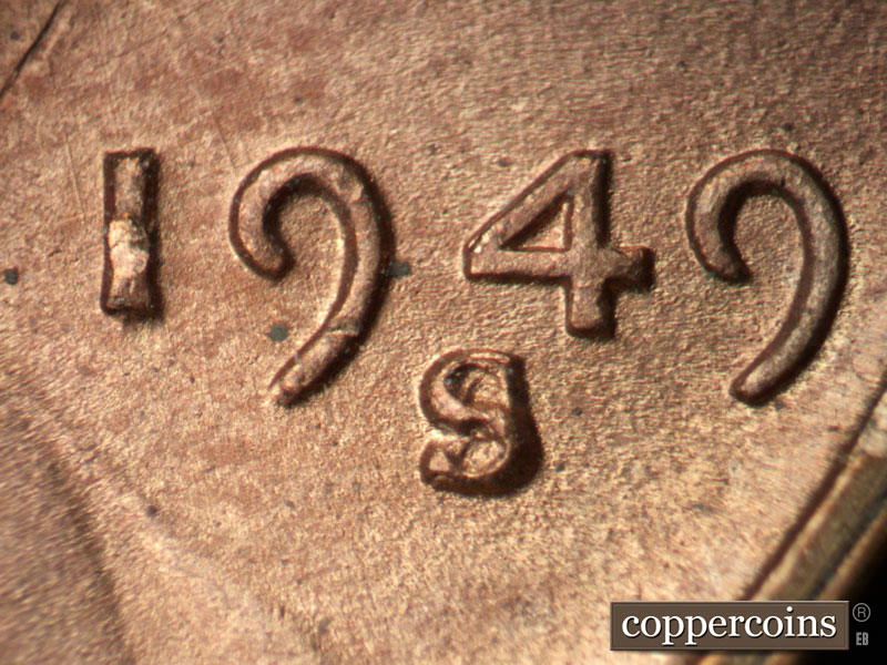 1949 Lincoln cent obverse, CopperCoins die 1949S•1MM•032.