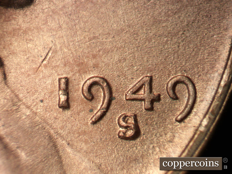 Die-stage B marker on 1949S•1MM•032 (1949 Repunched Mint Mark).