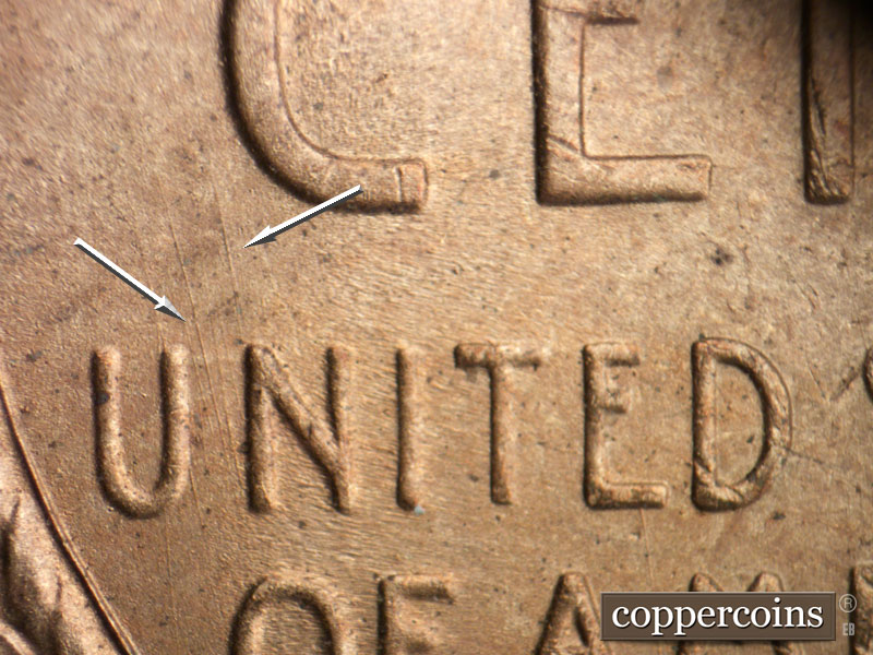 Die-stage B marker on 1949S•1MM•032 (1949 Repunched Mint Mark).