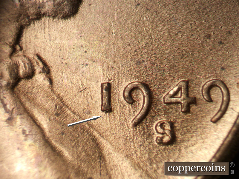 Die-stage C marker on 1949S•1MM•033 (1949 Repunched Mint Mark).