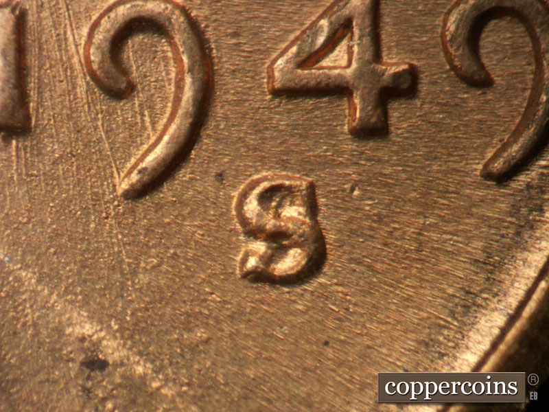 1949 Lincoln cent obverse, CopperCoins die 1949S•1MM•038.