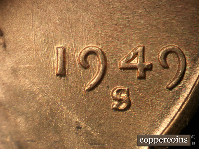 Die-stage B marker on 1949S•1MM•038 (1949 Repunched Mint Mark).