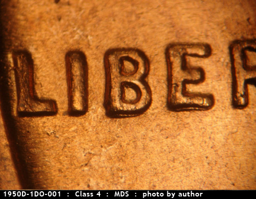 Die-stage B marker on 1950D•1DO•001 (1950 Doubled Die Obverse).