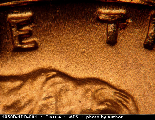 Die-stage B marker on 1950D•1DO•001 (1950 Doubled Die Obverse).