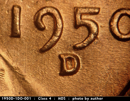Die-stage B marker on 1950D•1DO•001 (1950 Doubled Die Obverse).