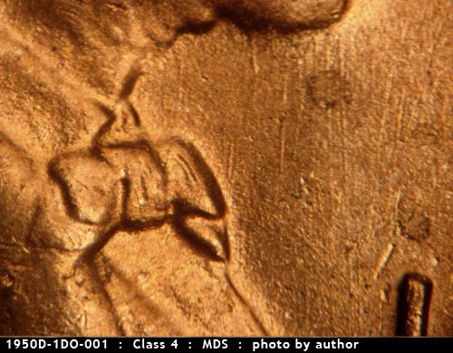 Die-stage B marker on 1950D•1DO•001 (1950 Doubled Die Obverse).