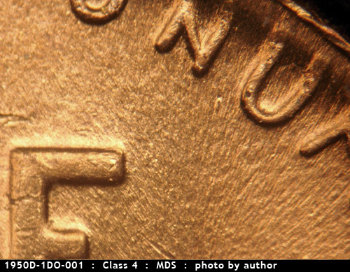 Die-stage B marker on 1950D•1DO•001 (1950 Doubled Die Obverse).