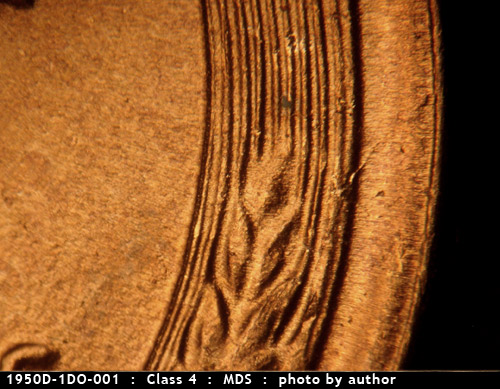 Die-stage B marker on 1950D•1DO•001 (1950 Doubled Die Obverse).