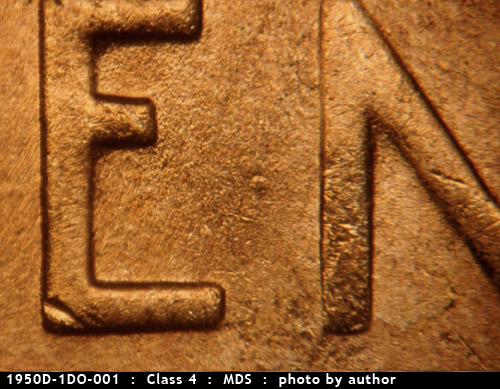 Die-stage B marker on 1950D•1DO•001 (1950 Doubled Die Obverse).