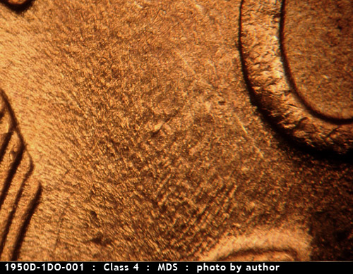 Die-stage B marker on 1950D•1DO•001 (1950 Doubled Die Obverse).