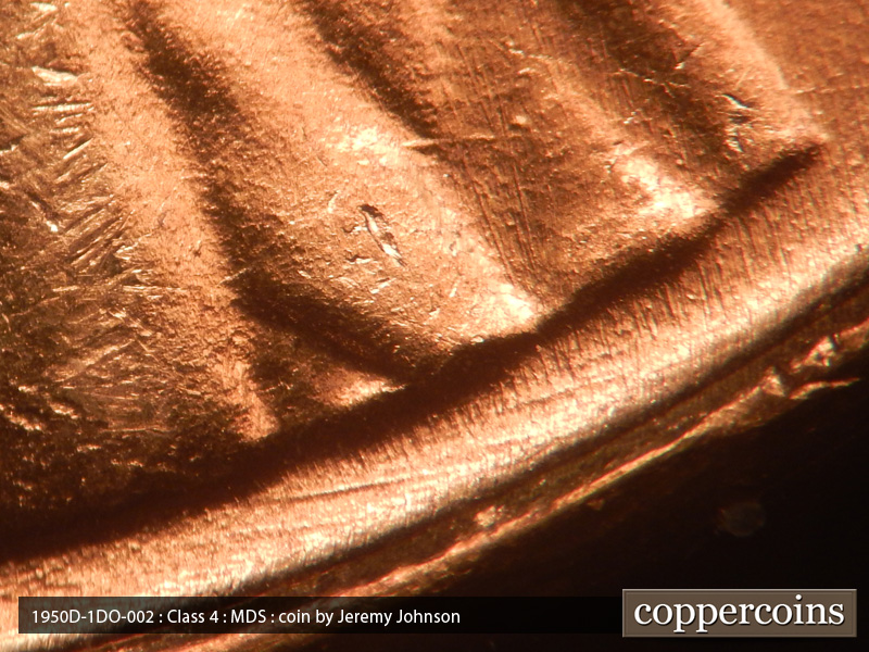 Die-stage B marker on 1950D•1DO•002 (1950 Doubled Die Obverse).
