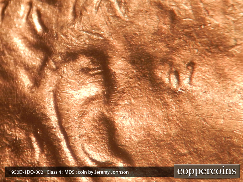Die-stage B marker on 1950D•1DO•002 (1950 Doubled Die Obverse).