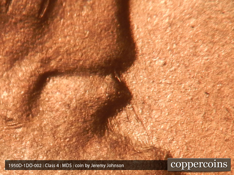 Die-stage B marker on 1950D•1DO•002 (1950 Doubled Die Obverse).