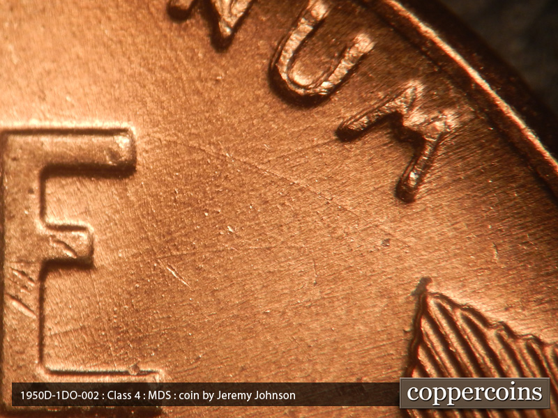 Die-stage B marker on 1950D•1DO•002 (1950 Doubled Die Obverse).